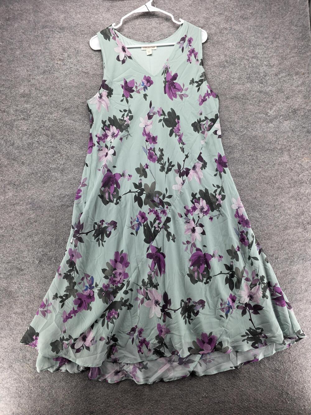 Coldwater Creek Dress Womens PL Green Maxi Trapeze Swing Floral Chiffon V-Neck